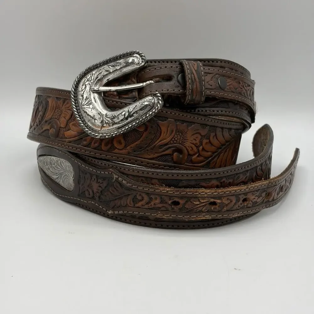 Justin Men’s Brown Leather Ranger Belt Silver Tone Accents Size 38 USA 114CH